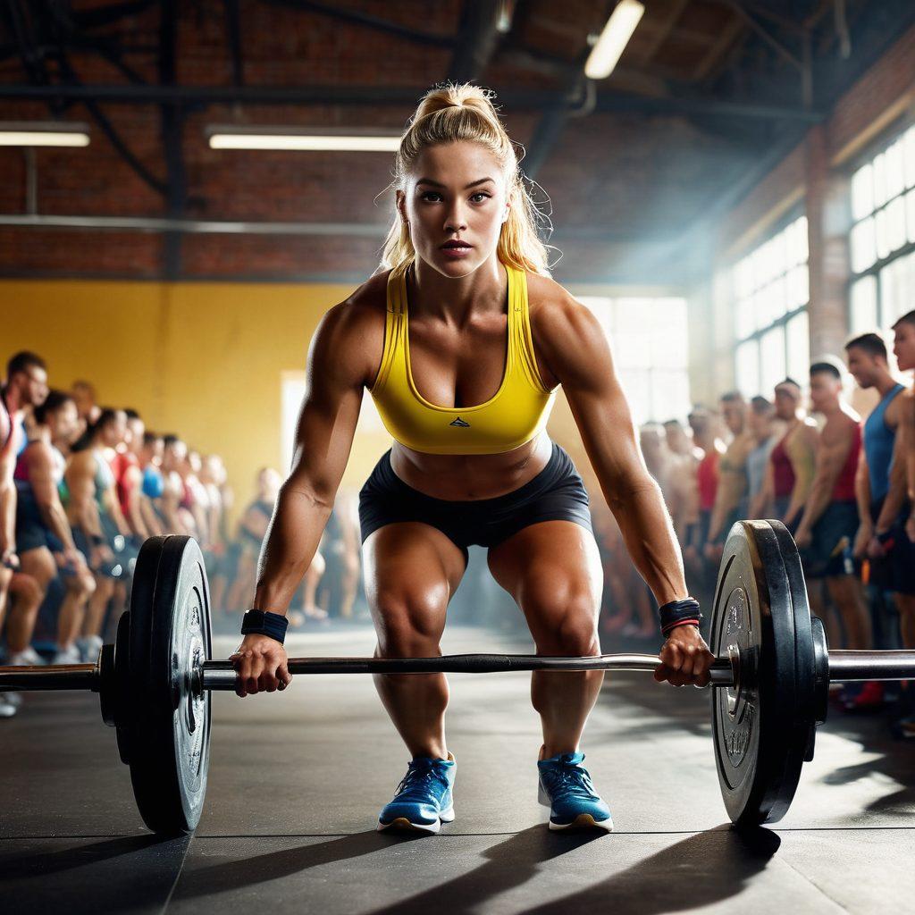 A dynamic scene showcasing a powerful athlete performing the Pendlay row with proper form, surrounded by colorful weights and a cheering crowd in a bright gym. The focus should be on the athlete's determined expression and muscular physique, with beams of light highlighting the equipment. A sense of energy and motivation should emanate from the composition. super-realistic. vibrant colors. dynamic lighting.
